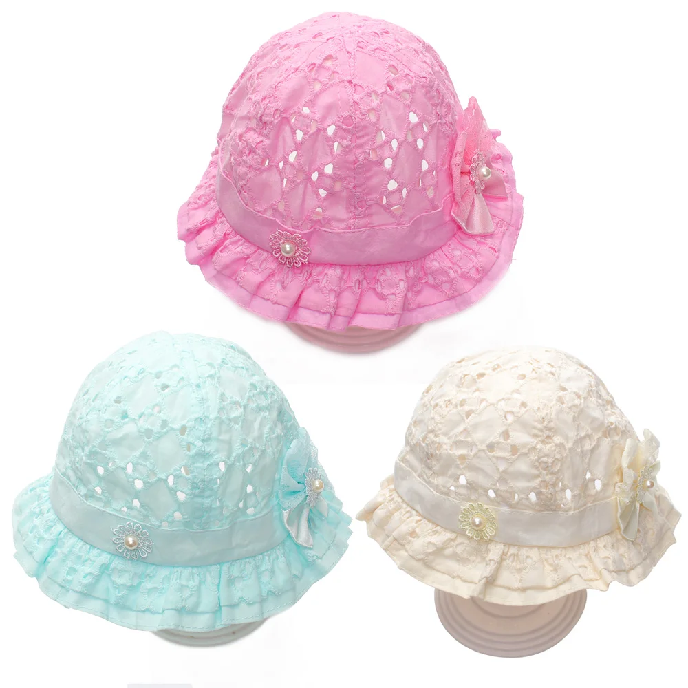 Hollow Bow Baby Girls Caps Cotton Girls Sun Cap Floral Embroidered Fisherm Hats Spring Summer Baby Bucket Hats Girls Accessories (1)