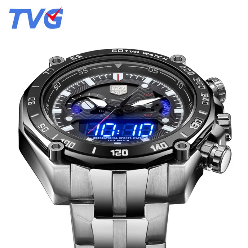 Relogio Masculino, новинка, мужские часы TVG, серебристая сталь, светодиодные цифровые аналоговые кварцевые часы, 30 м, водонепроницаемые спортивные часы для мужчин