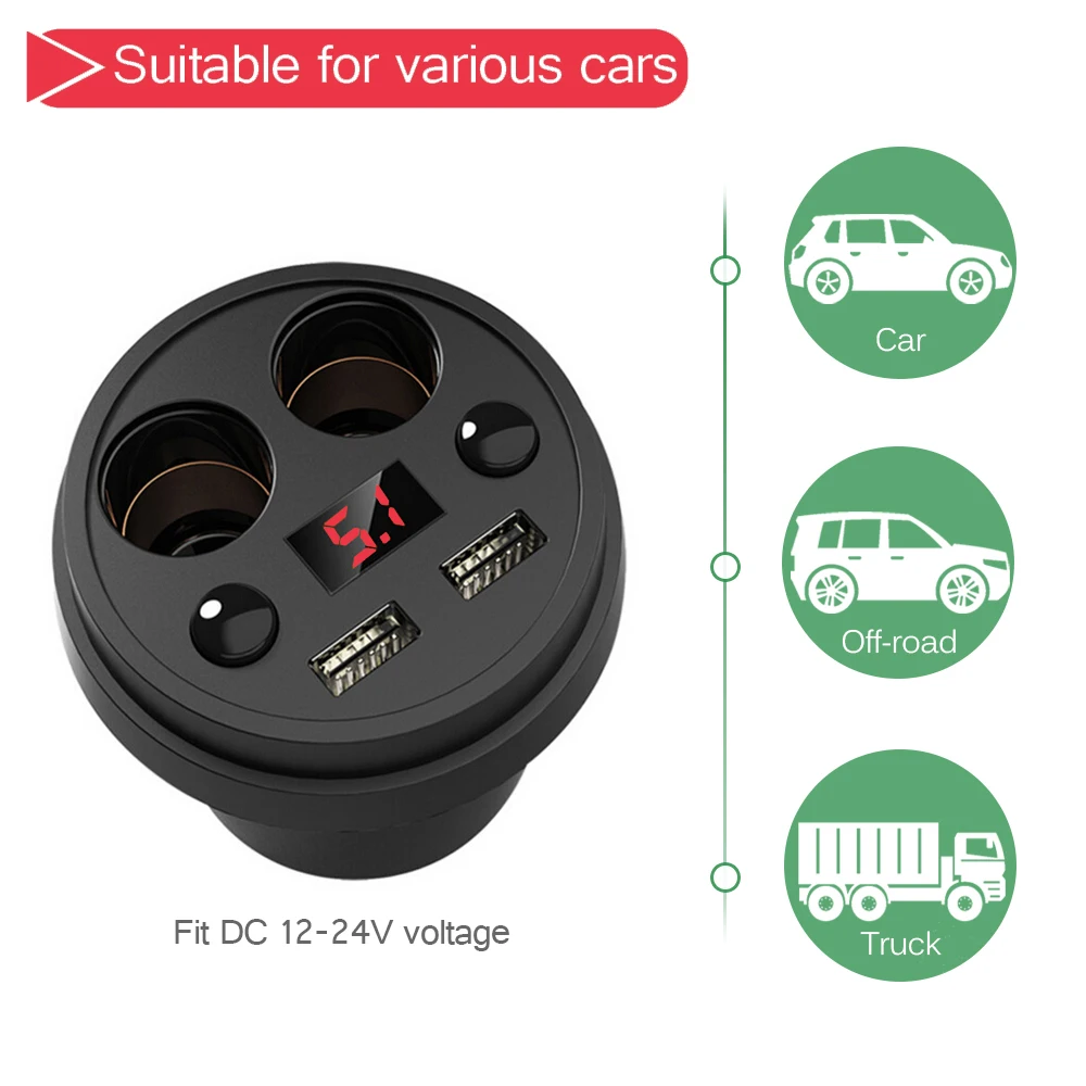 Адаптер для прикуривателя, разветвитель для прикуривателя, двойной USB, автомобильное зарядное устройство, 12-24 В, с дисплеем напряжения, 2 порта, 120 Вт, 5 В, а