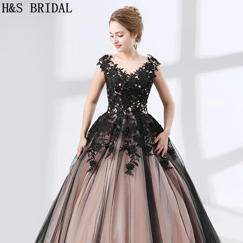 H& S свадебное черное кружевное бальное платье, платья для выпускного вечера, vestido, вечерние платья цвета шампанского, Тюлевое вечернее платье на шнуровке