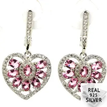 

Real 6.9g 925 Solid Sterling Silver Gorgeous Heart Shape Pink Tourmaline, CZ Ladies Earrings 35x18mm