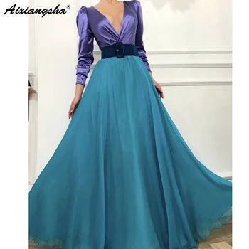 

Muslim Evening Dresses 2018 A-line V-neck Long Sleeve Chiffon Islamic Dubai Saudi Arabic Long Formal Evening Gown Prom Dress