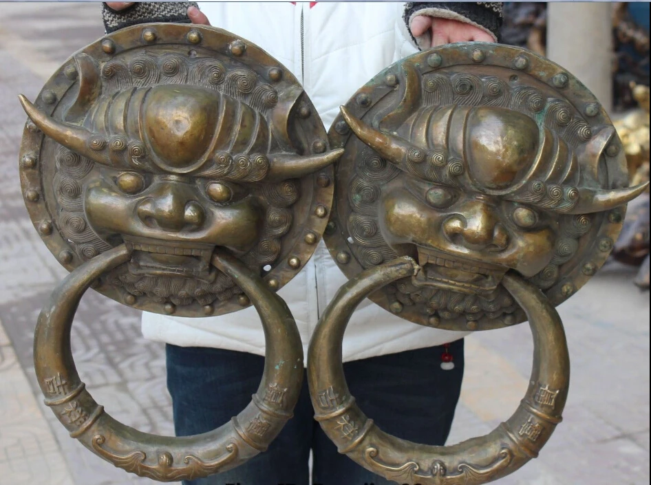 

17" Chinese Bronze Feng Shui Foo Fu Dog Guardion Lion Door knocker Statue Pair