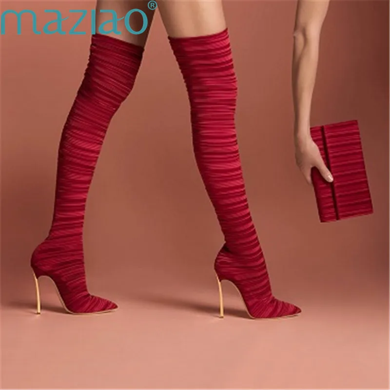 

Female Shoe Elastic Cloth Pointed Toe Short Plush Solid Color Rome Style Red Rubber Over The Knee Boots 2019 MAZIAO