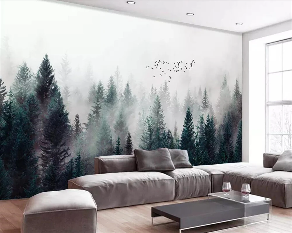 Beibehang Custom wallpaper Modern Fresh Fog Forest Clouds Flying Bird Nordic TV backdrop 3d Living room Bedroom 3d wallpaper