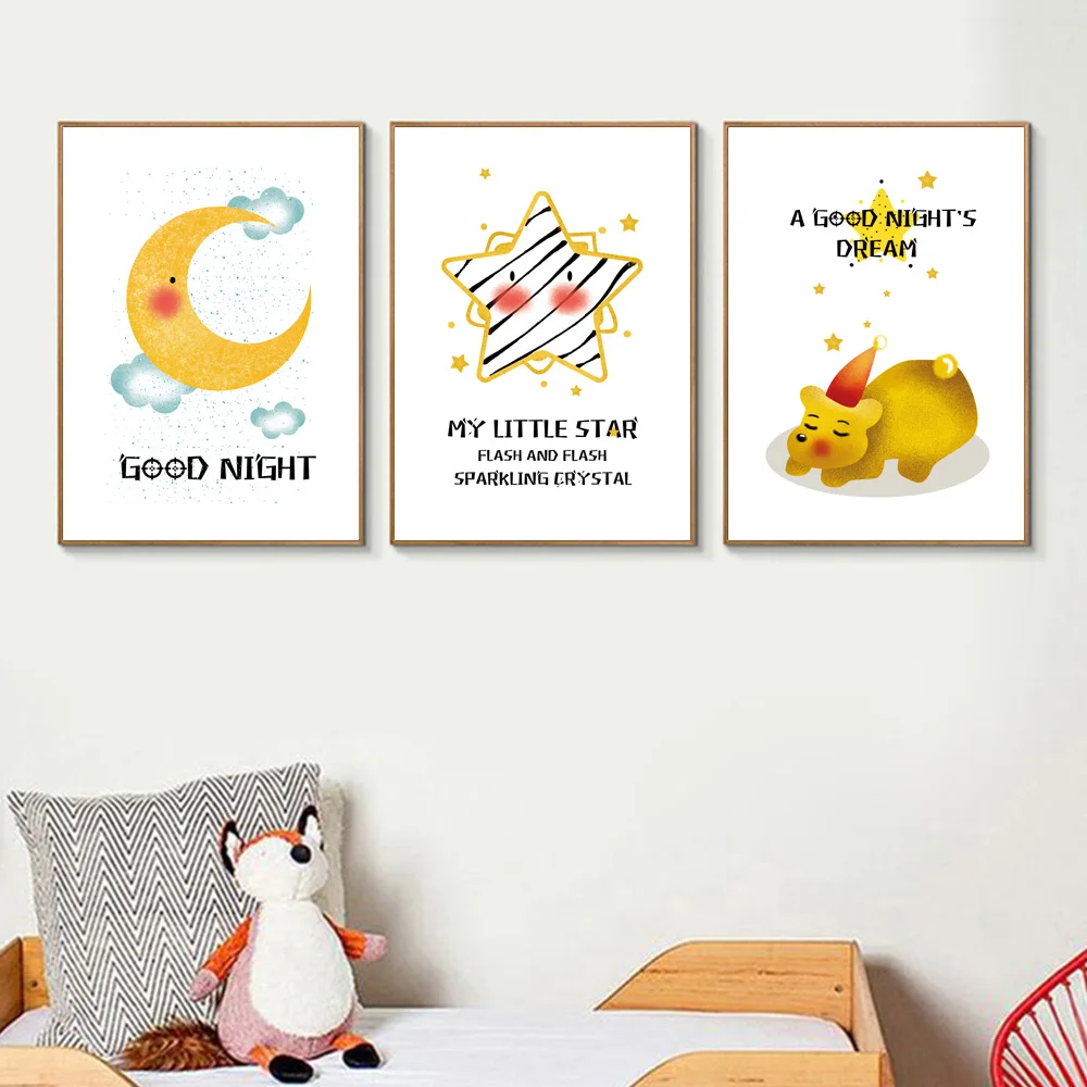 Cartoon Canvas Painting Yellow Poster Poster Kids Room Moon Painting Nordic Nursery Wall Art Canvas Moon Pictures Unframed