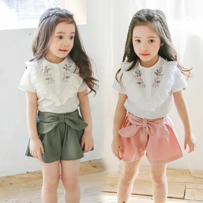 

Summer Girl Clothes Teen Girl Summer Lace Flower Embroidery TShirt Tops+Short Pants 2pcs/Set 7-19y Girls Set