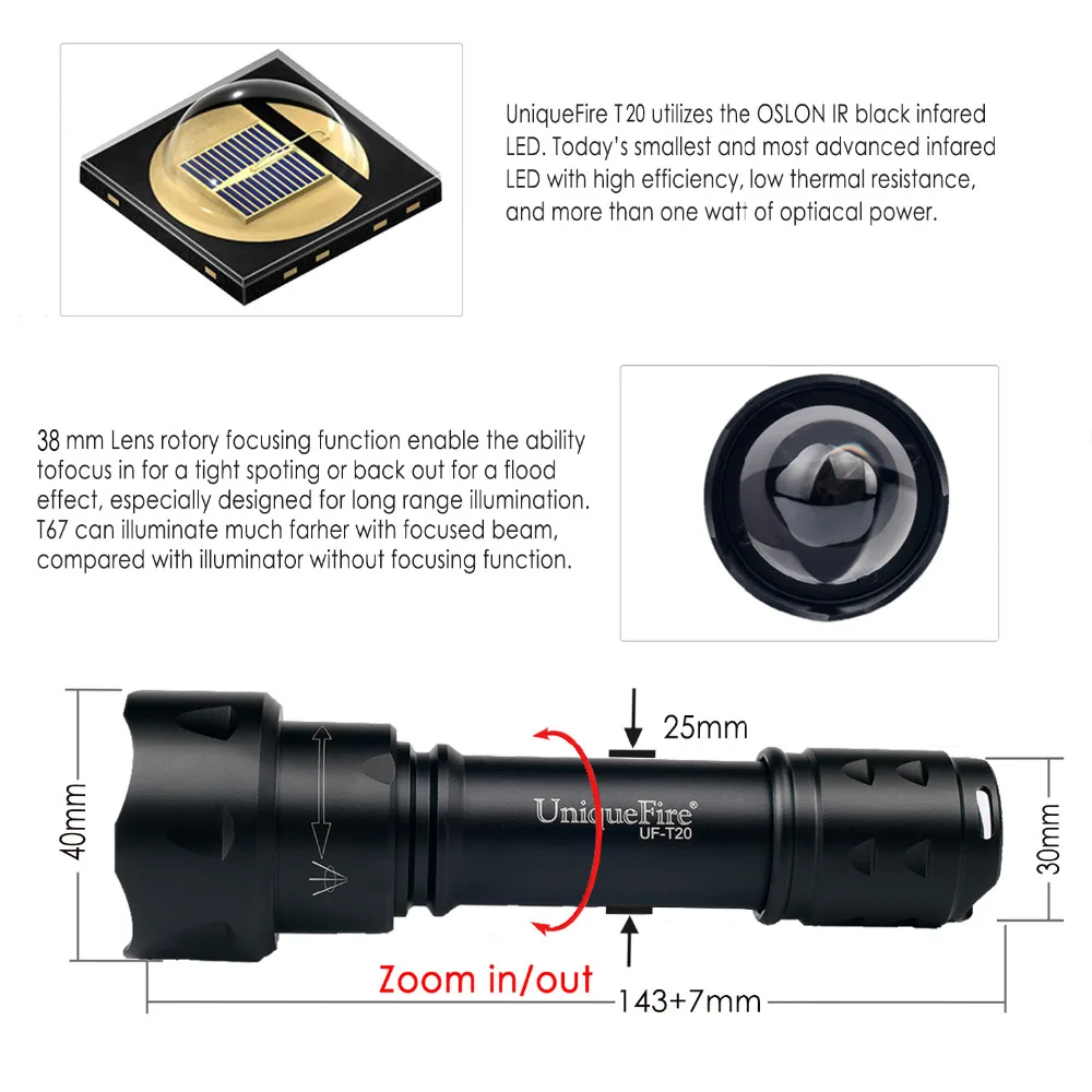 UniqueFire T20 IR 940NM 38mm Convex Lens 3 Modes Flashlight Infrared Light Night Vision Torch with  - 32717003846