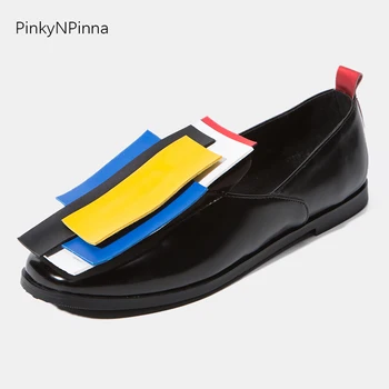 

2019 new patent leather designer flat loafers female slip on shallow mixed colors rainbow hook loop fashion casual shoes women
