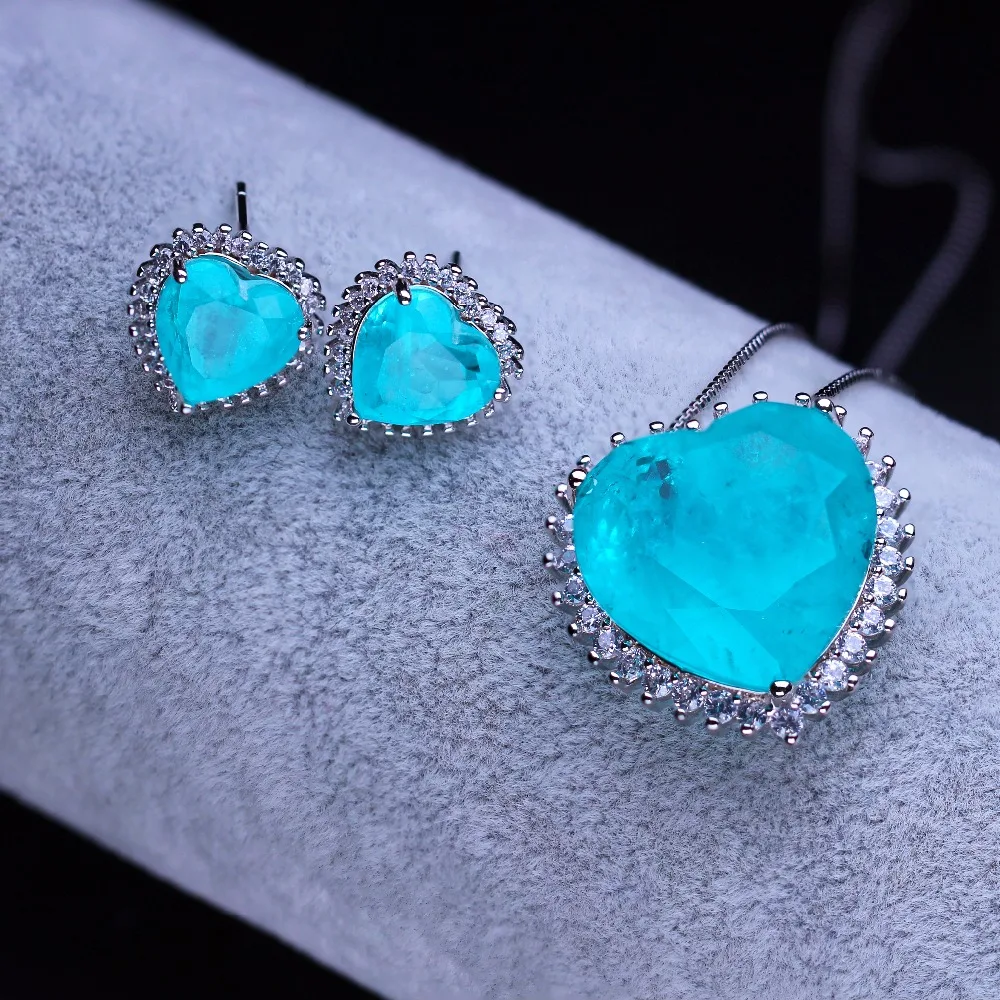 

Fusion stone heart shape pendant necklace and earring set cubic zirconia fashion jewelry set for women gift SFX0013002