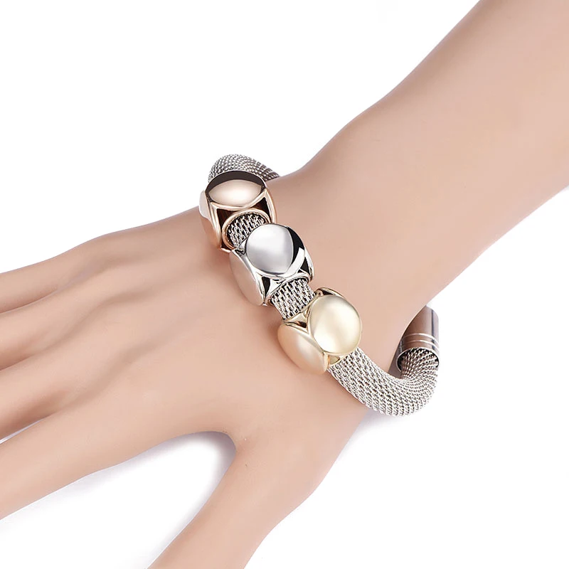 

Geometric Mesh Metal Bracelet Multi-color Cube Charms Mesh Alloy Bangle M8694