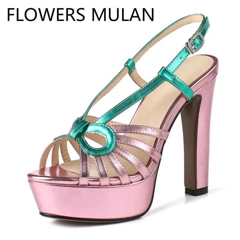 

Mixed Color Narrow Band Leather Buckle Sandalias Mujer Peep Toe Back Strap Gladiators High Heels Platform Shoes Woman Brand