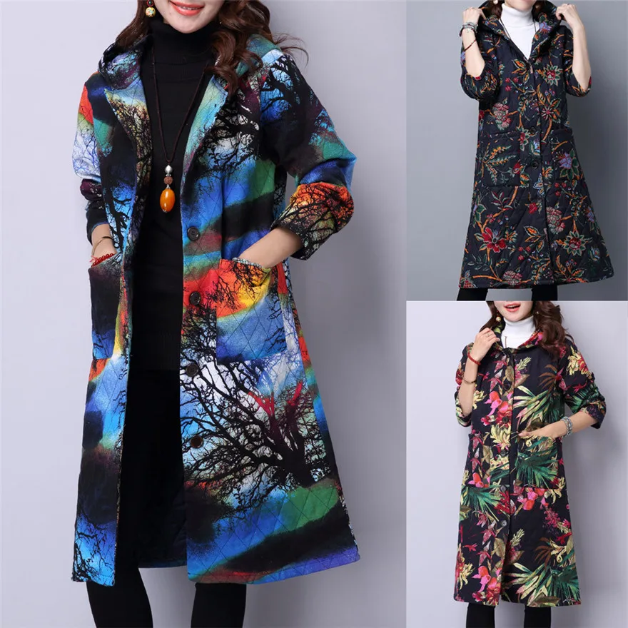 

Folk-Custom Coat Women Plus Size Winter Print Cotton-Padded Hooded Jacket Long Puffer Parka #0927