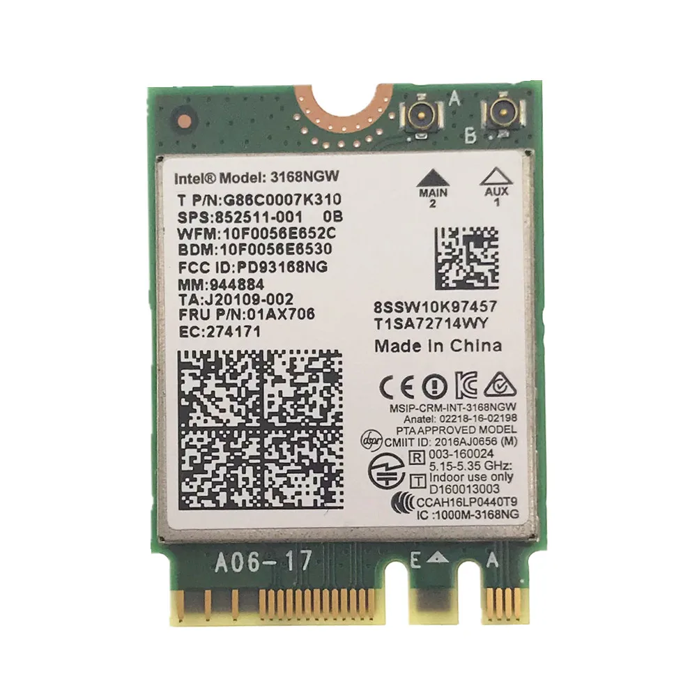 Для lenovo Dual Band 2,4 г/Wi-Fi 5 ГГц Беспроводной адаптер для Intel 3168NGW AC NGFF Wi-Fi 802.11ac 433 м wifi+ Bluetooth Card FRU: 01AX706