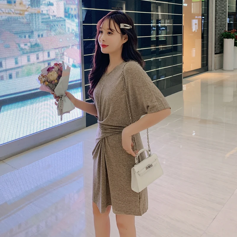 2019 الصيف جديد الكورية فستان الأزياء جولة الرقبة قصيرة كم طويل المرأة بسيطة الخصر كلمة اللباس Vestidos
