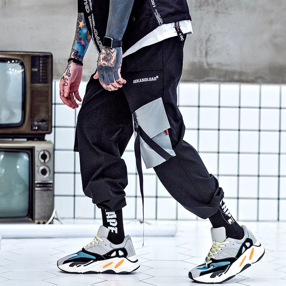 

2019 New Hip Hop Casual Male Tatical Joggers Trousers Color Block Black Pocket Cargo Pants Harajuku Sweatpant Mens Pants