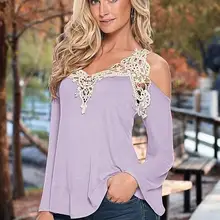 Женский топ на бретельках с v-образным вырезом, с длинным рукавом, с вырезами, с кружевами, в стиле пэчворк, футболка с асимметричным вырезом, Blusas Feminina