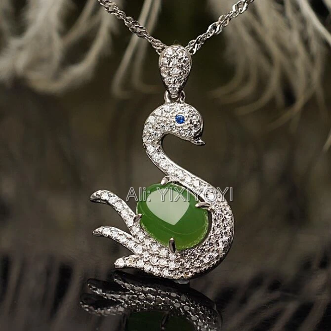 

925 Silver Jasper Green HeTian Jade Gem Stone Cute Swan Style Lucky Pendant + Chain Necklace Charm Fine Jewelry Girl's Gift
