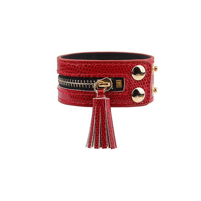 Браслет из натуральной кожи для женщин, высококачественный кожаный браслет в стиле панк, 4 цвета, браслет на молнии с подвесками-кисточками - Окраска металла: red