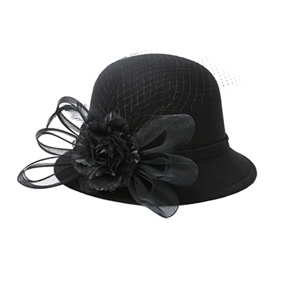 Горячая мода осень зима женская шляпа-федора Имитация шерстяная марля цветок винтажная теплая Кепка с покрывалом элегантные женские формальные шляпы HD88 - Цвет: black