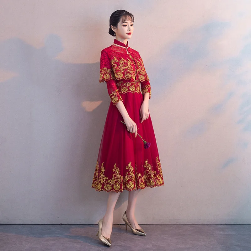 Бургундия Новинка для женщин Cheongsam Размер XS-XXL Vestidso невеста, свадебное платье длинное платье вышивка Элегантная Леди кружева Qipao S-160