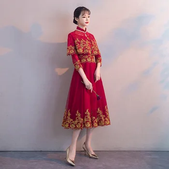 

Size XS-XXL Embroidery Elegant Vestidso Cheongsam Lace Bride Wedding Party Gown Women Dress Three Quarter Sleeve Sexy Qipao