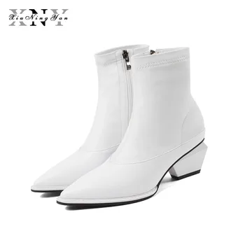 

XiuNingYan Autumn Boots Women Genuine Leather+ Stretch Fabric Pointed Toe Irregular Square Heels Slip-On Shoes Woman Ankle Boots