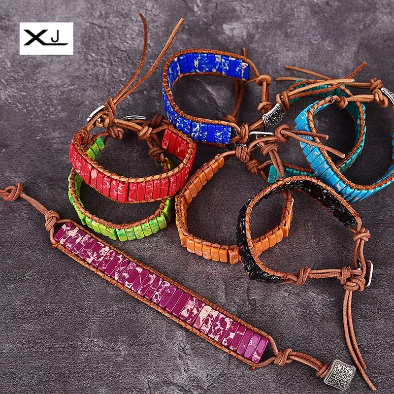 

XIN JIAO Free shipping Handmade Imperial Jaspers stone Thread Tube Beads Leather Cowhide Rope Wrap Bracelets Jewelry Women Gift