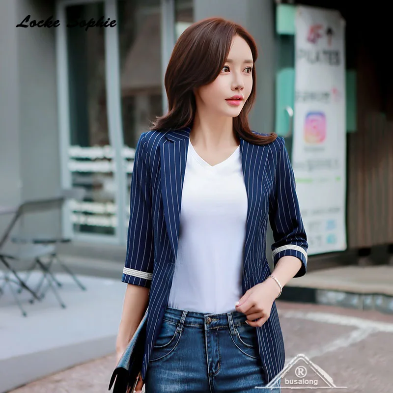 1pcs Women's Plus size Slim fit Blazers coats 2019 Autumn cotton blend stripe Small Suits jackets ladies Skinny Blazers Suits