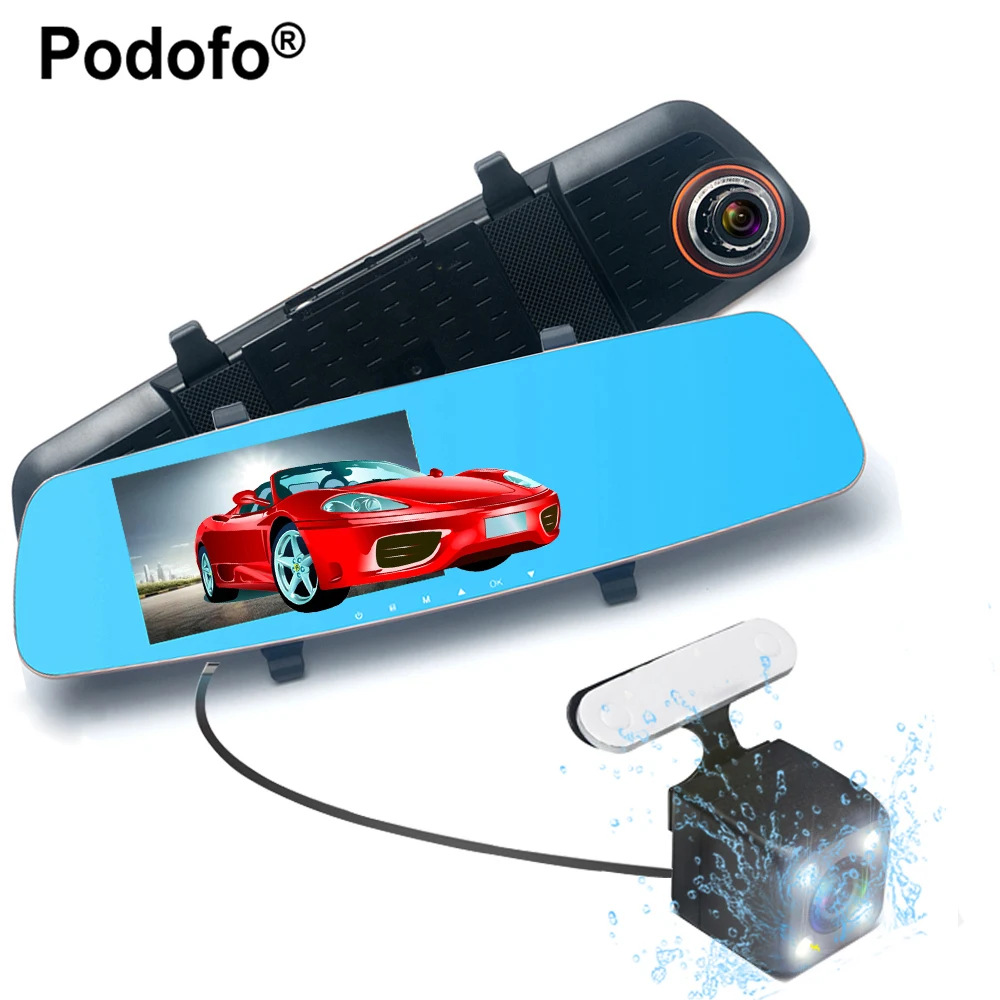 Podofo New dual lens car camera rearview mirror 5.0" Car