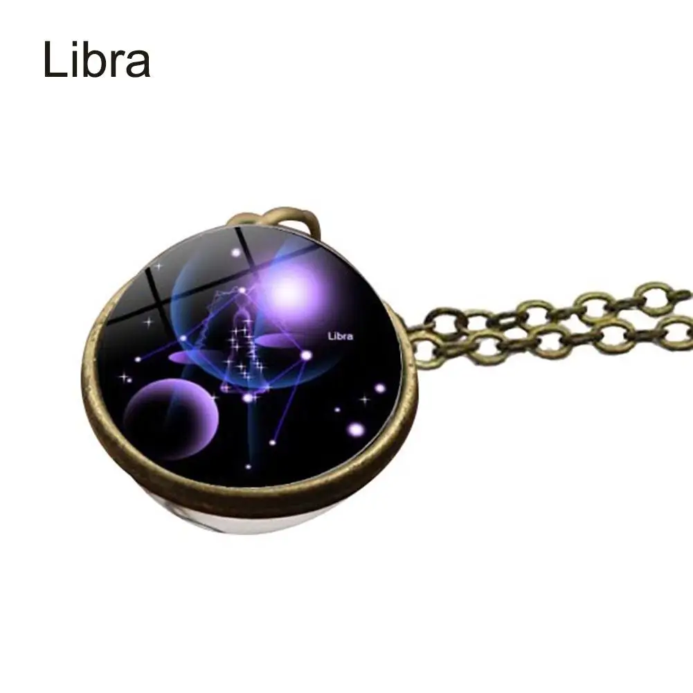 Zodiac Sign Pendant Necklace Glass Cabochon Double Galaxy Constellation Horoscope Astrology Necklace For Women Men Jewelry