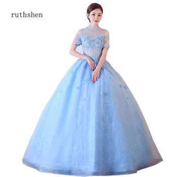 

ruthshen robe de soiree Prom Dresses High Collar Tulle Dress Gown Long formal Dress robe soiree Women Blue Lace up frocks