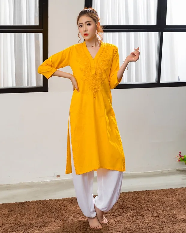 Индийская традиционная Женская Йога костюм хлопок Вышивка Топ Длинные стили желтый жакет