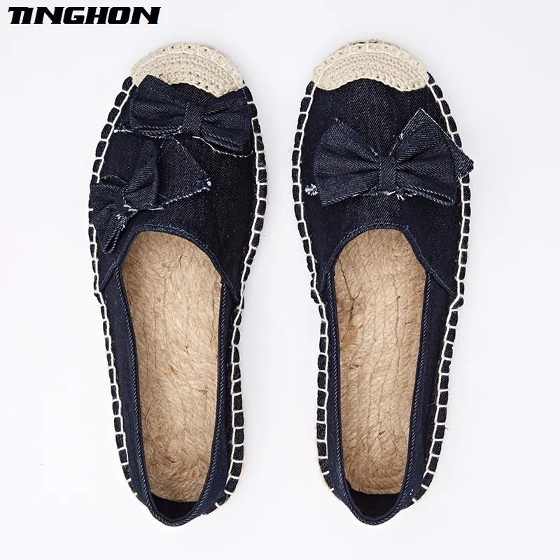 

TINGHON New Fashion Women Spring Ethnic Casual Espadrilles Flat Denim bow Printed Embroider Slip on Fishermen Hemp Rope Shoes