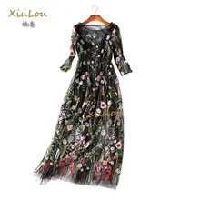 runway maxi dress 2017 Gorgeous Half Sleeves two piece set summer dress Sheer Mesh dress embroidered Style