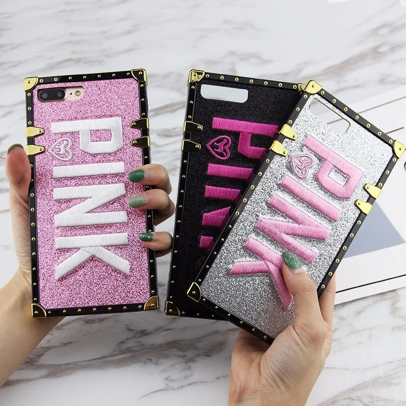Luxury Embroidery 3D Pink Letter Glitter Metal Square Phone Case For