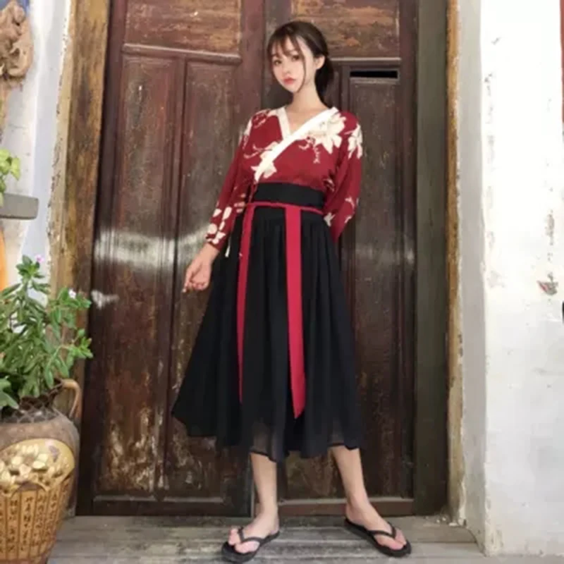 Haori Kawaii японский традиционный кардиган кимоно шифоновая черная юбка с цветочным