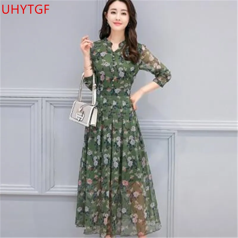 

Plus size dress female New Slim Floral chiffon dress Summer clothing Fashion long dresses Korean Long sleeve elegant dresses
