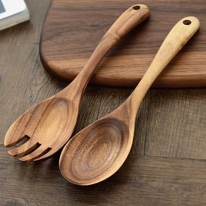 

Large Wooden Spoon Set Big Salad Serving Spoon Fork Natural Wood Tablespoon Long Handled Cooking Spoon Kitchen Wooden Utensils