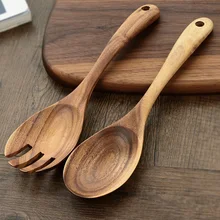 Natural Kitchen Wooden Spoon Set Large Salad Dinner Serving Spoons Server Wood Fork Spoon Cutlery Set Wooden Utensils Tableware