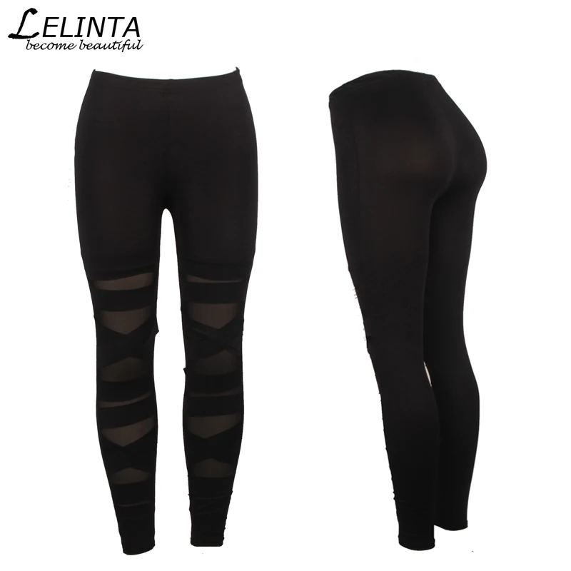 LELINTA USPS Dropshipping Women Leggings Black Fitness Pant New Arrival Plain Elastic Waist Mesh Insert Leggings