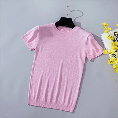 Shintimes Летняя трикотажная футболка женская блестящая повседневная Однотонная футболка корейские топы с круглым вырезом Женская тонкая футболка Harajuku - Цвет: pink