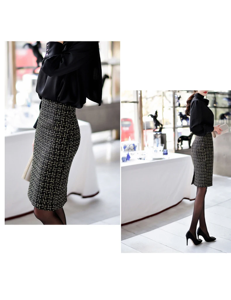 Твидовая юбка женская черная металлическая блестящая ткань осень/зима Женская юбка Дамская тканая в длинной юбке(юбка с разрезами позже