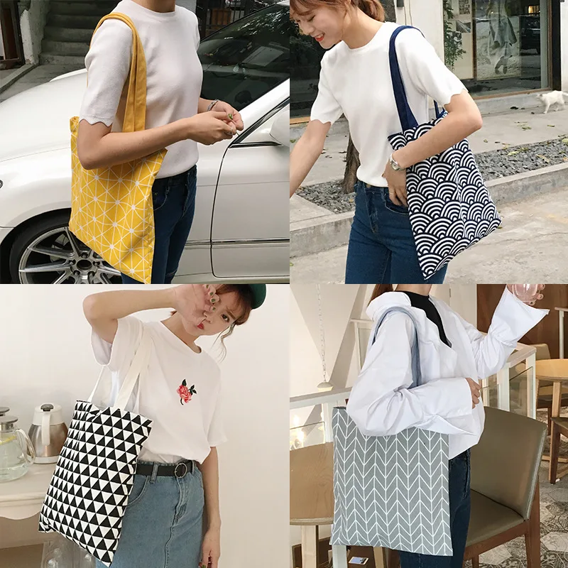 

Canvas Double Sided Wave Triangle Pattern Traveling Shoulder Bags Shopping Bags For Women with Print Environmental Protection