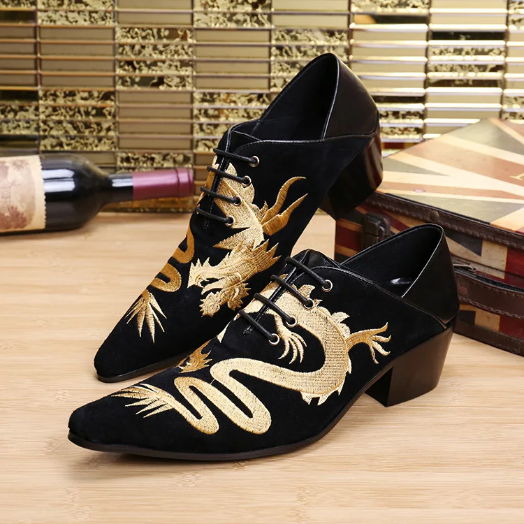 

Men New Pointed Toe Business Leather shoes China Style Embroidered Dragon Wedding Party Breathable Shoes