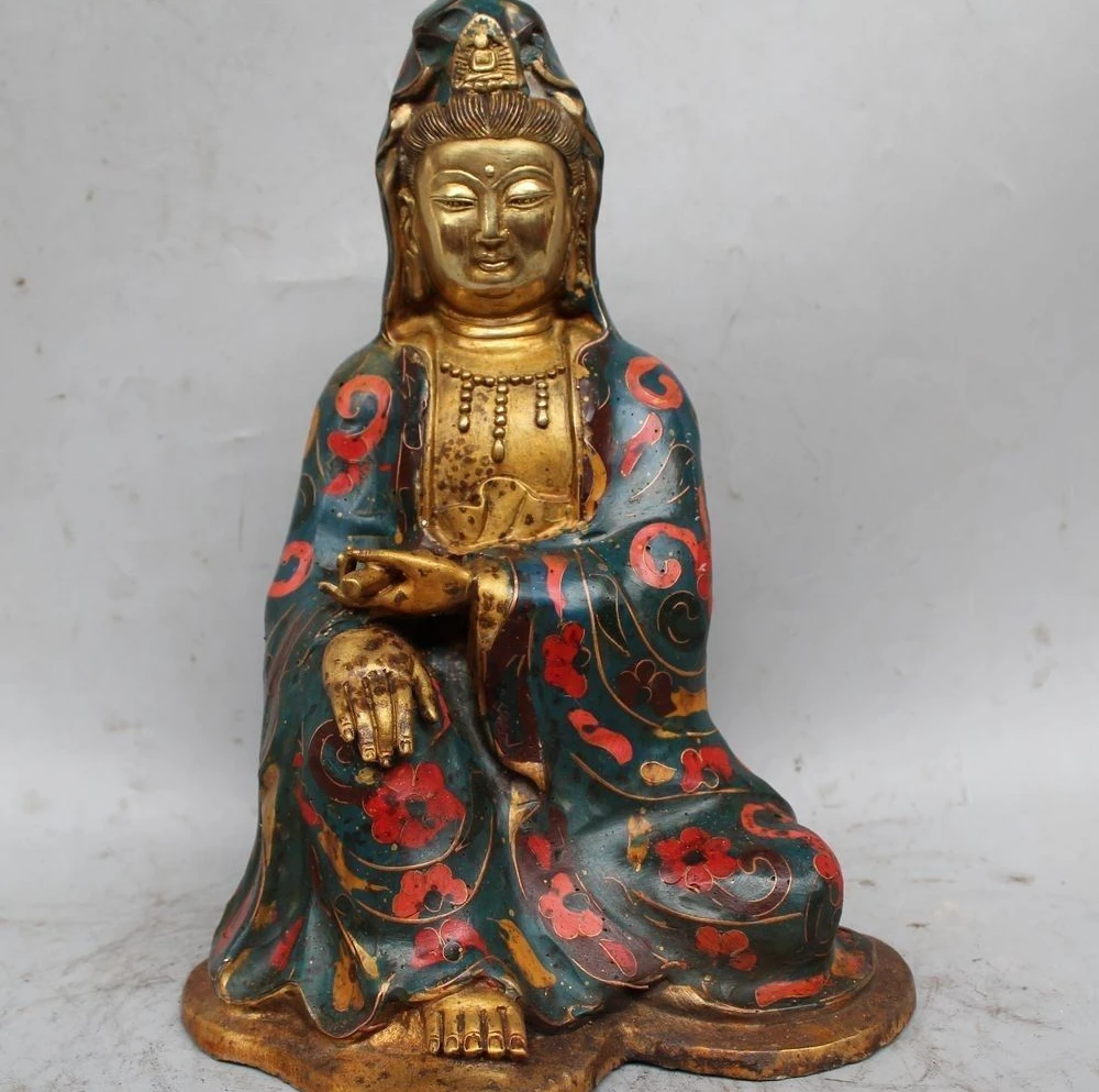 11" Chinese Buddhism Cloisonne Bronze Gild Kwan yin Guan Yin Goddess