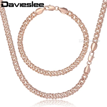 

Davieslee Jewelry Set For Women 585 Rose Gold Bracelet Neckalce Set Hammered Venitian Chian 2018 Dropshipping Jewelry 5mm LGS280
