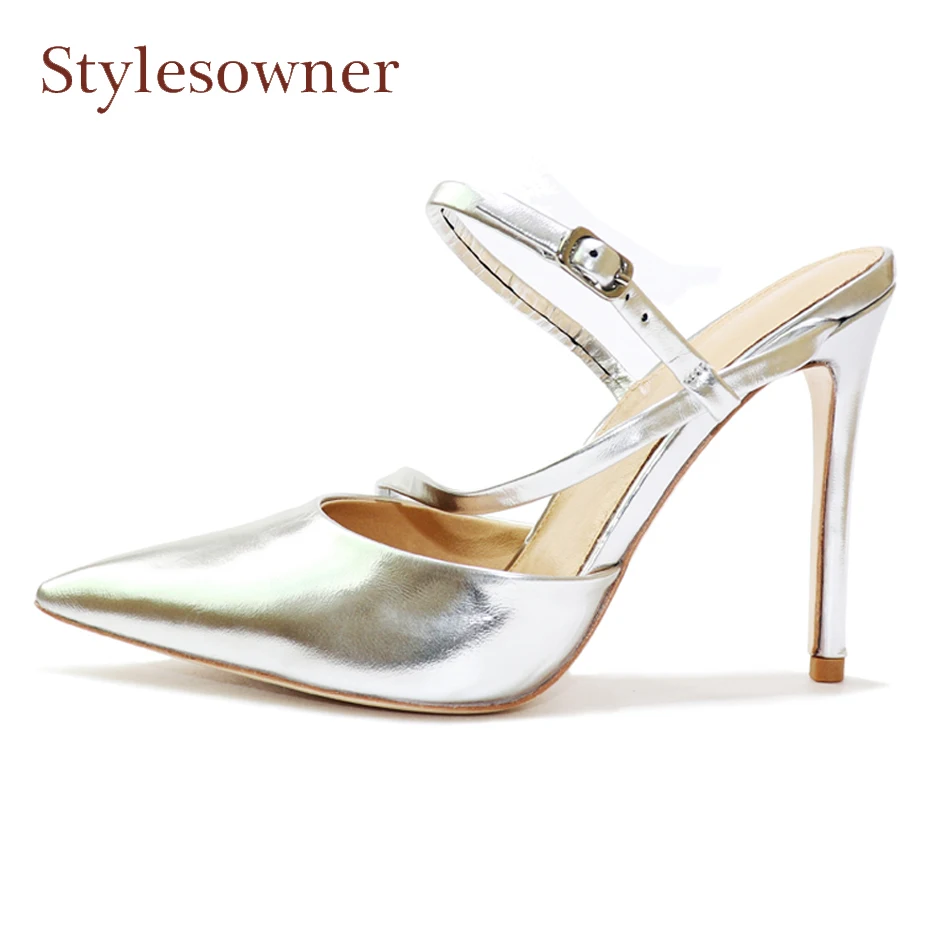 Stylesowner silver genuine leather 10cm heel women pumps sexy pointed