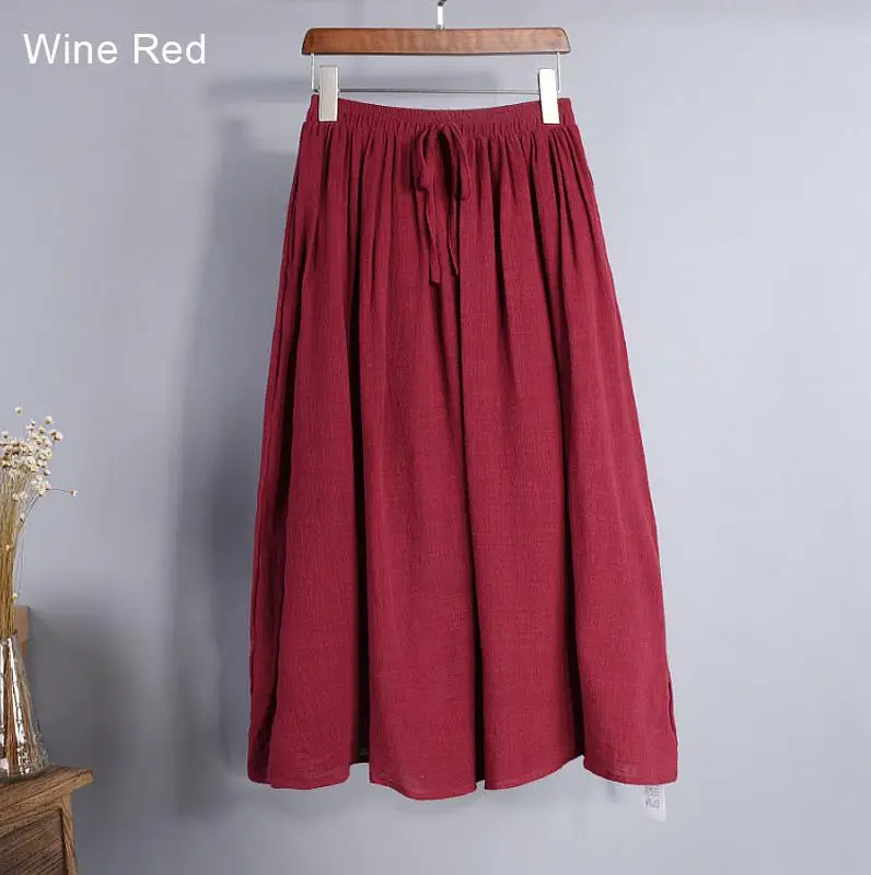 Женская короткая льняная юбка миди с высокой талией, весна, женская повседневная юбка с эластичной талией, бантами и боковыми карманами, 12 цветов, Saia SK46 - Цвет: Wine Red