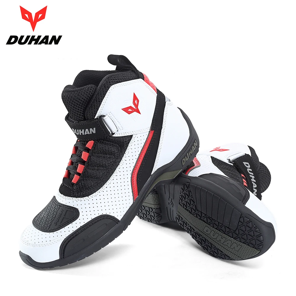 Botas de Moto DUHAN de malla de verano para hombre, zapatos de motocicleta, Botas de Motocross, Botas de Moto de carreras, Botas de Moto, blanco y negro